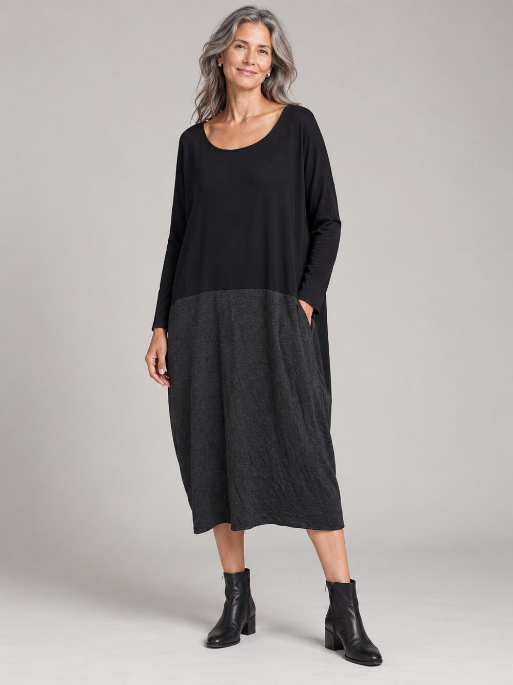 Eileen Fisher Black Charcoal Colorblock Cocoon Jersey Dress Pockets Midi XL